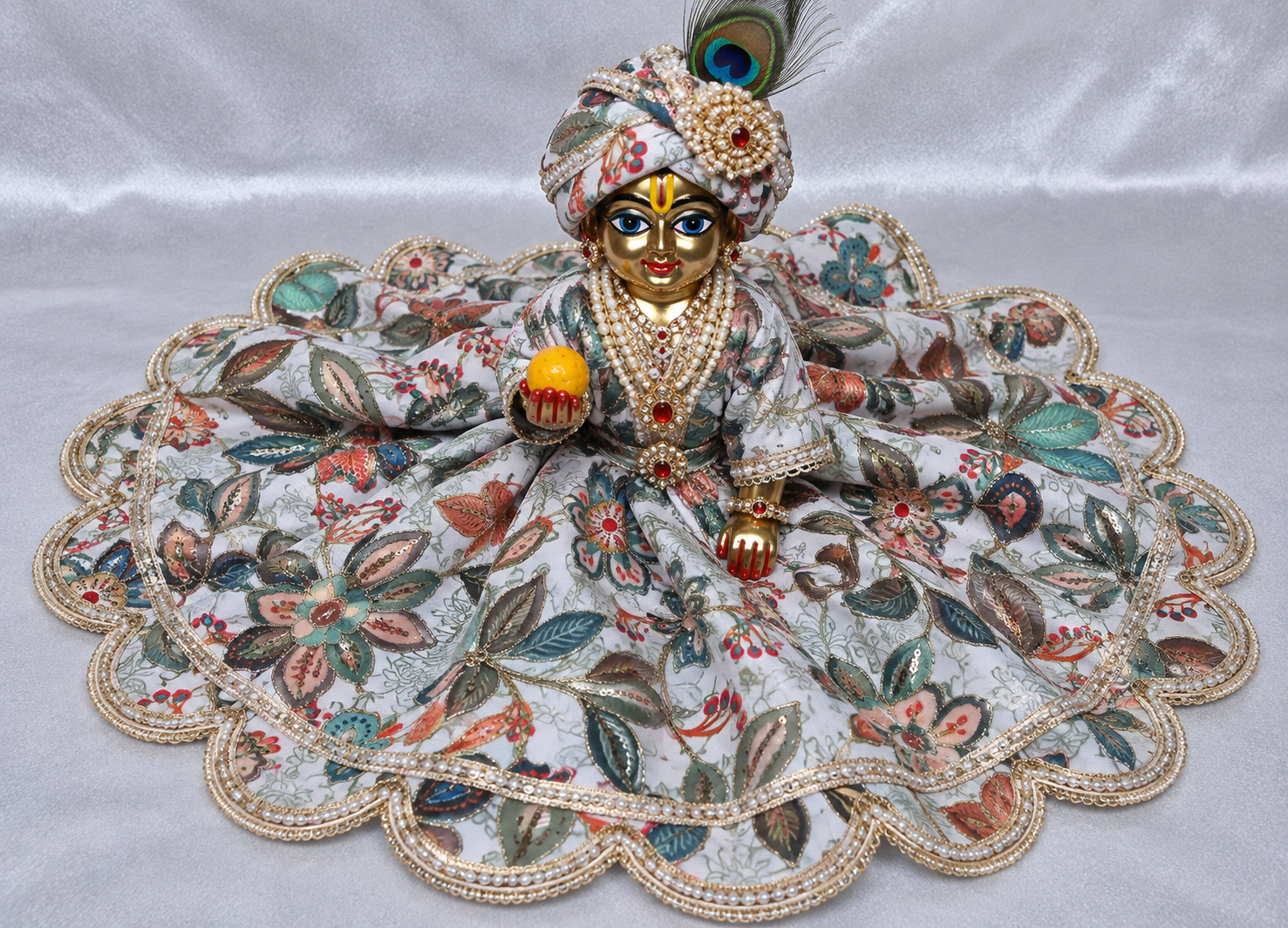 Laddu Gopal White Multicolor Floral Poshak – Without Buckram | Pre-Order