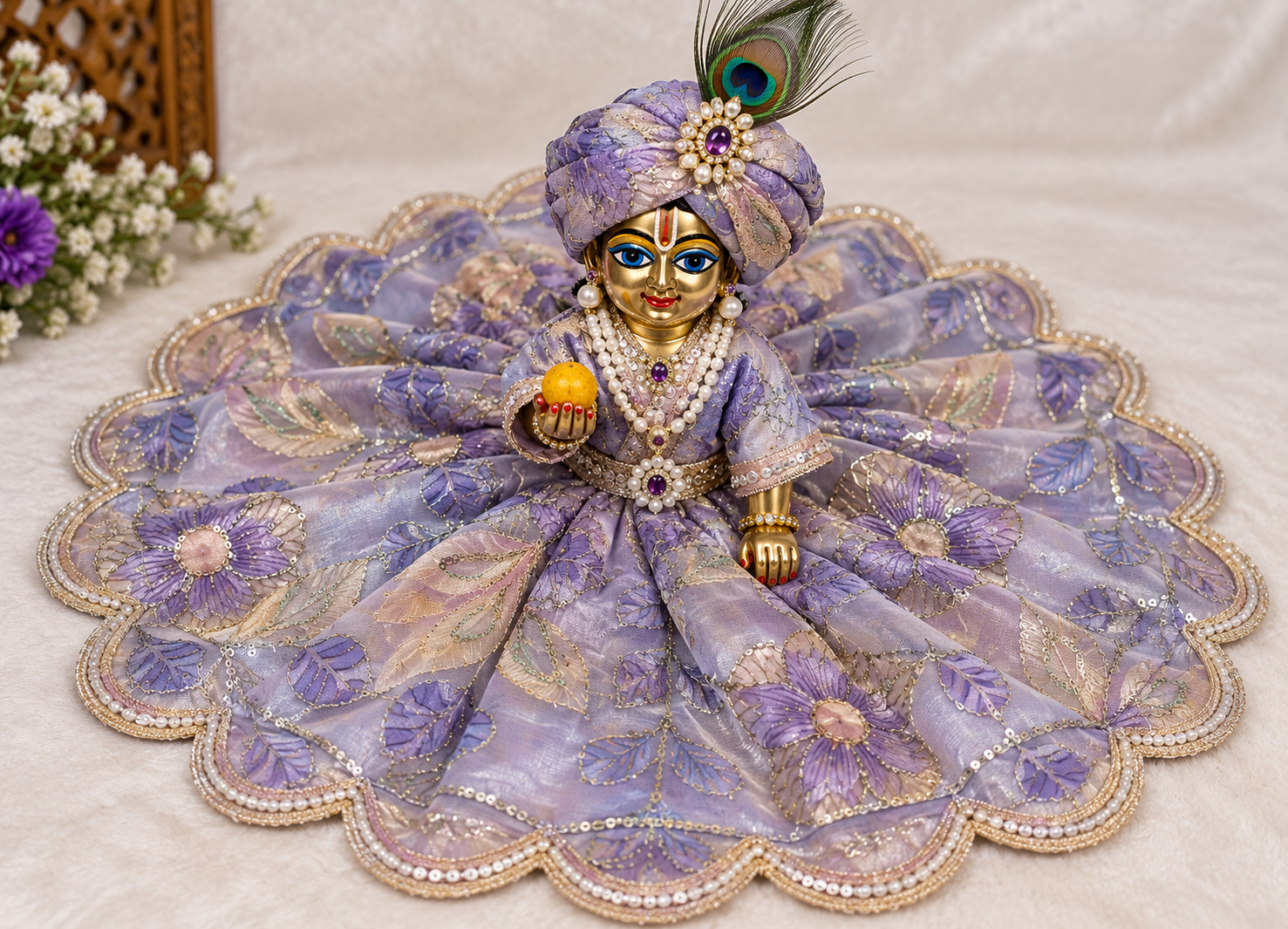 Laddu Gopal Lavender Floral Designer Poshak – Without Buckram | Pre-Order