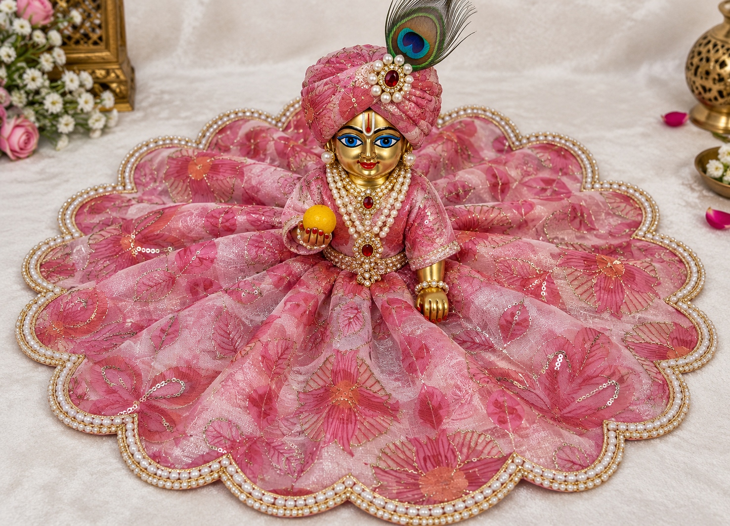 Laddu Gopal Pink Floral Designer Poshak – Without Buckram | Pre-Order